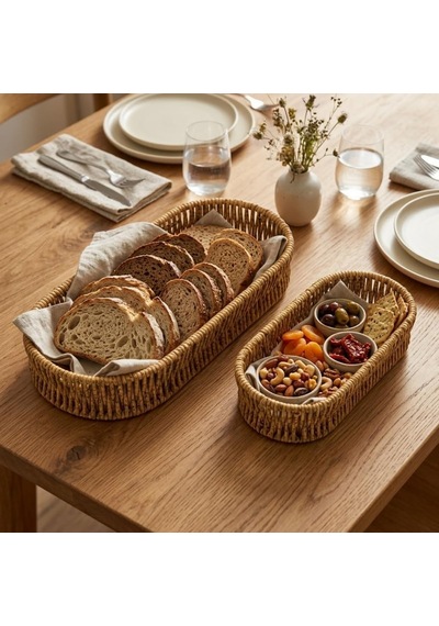 Deinhaus Oval Hasır Örgü Dekoratif Sepet Tepsisi, Doğal Renk, 2'li Set, Büyük 28x10x5 Cm, Küçük 24x9x5 Cm Diğer