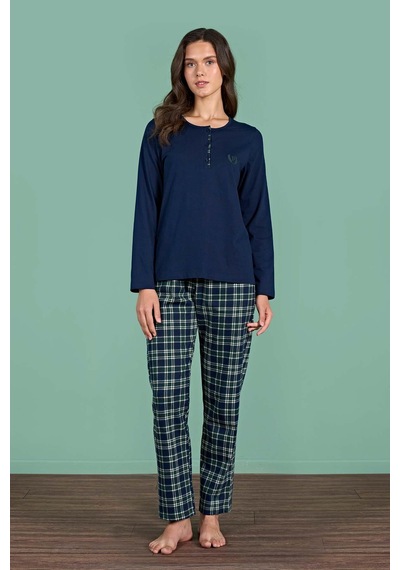 Gd Goldoremi Kadın Pamuklu Rahat Kalıp Düğmeli Ekose Desenli Uzun Kollu Pijama Takımı Lacivert Gd Goldoremi Kadın Pamuklu Rahat Kalıp Düğmeli Ekose Desenli Uzun Kollu Pijama Takımı Lacivert