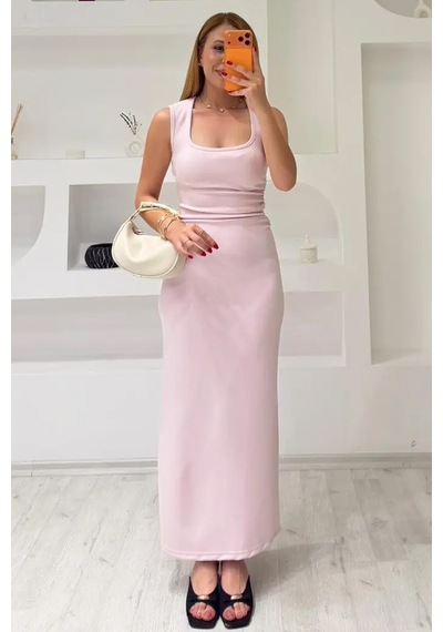 Fiolin Soft Touch Bel Büzgülü Modal Uzun Elbise Pembe