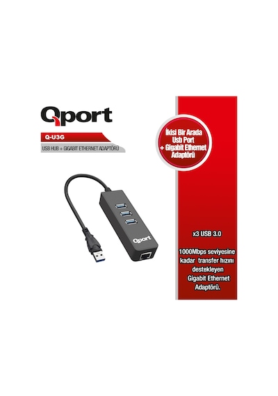 Qport Q-U3G 3Port Usb 3.0 Çoklayıcı & Gigabit Ethernet Adaptör