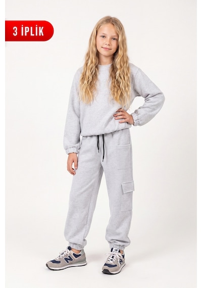Fyk Kids 3 İplik Kız Çocuk Düz Kısa Bel Sweatshirt Bisiklet Yaka Eşofman Takımı Gri Fyk Kids 3 İplik Kız Çocuk Düz Kısa Bel Sweatshirt Bisiklet Yaka Eşofman Takımı Gri