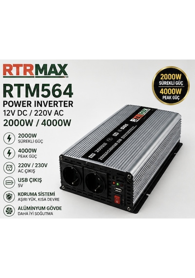Rtrmax Rtm564 12v 2000w / 4000w Power Inverter Çevirici Usb Çıkışlı