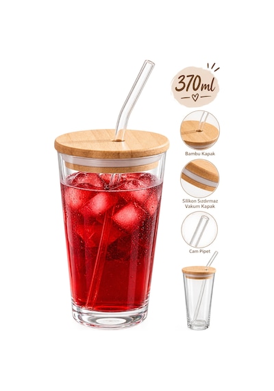 Porsima 12474 Vanes Bambu Kapaklı Cam Pipetli Bardak 370 Ml Sızdırmaz Silikon Contalı Sıcak & Soğuk İçecek Bardağı Çok renkli