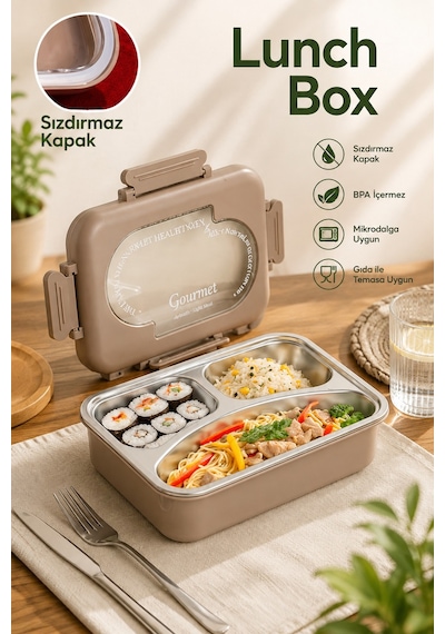 Porsima 3010-1 Paslanmaz Çelik 3 Bölmeli Vakumlu Yemek Termosu Beslenme Kutusu Taşınabilir Lunch Box Sefer Tası - Kahve