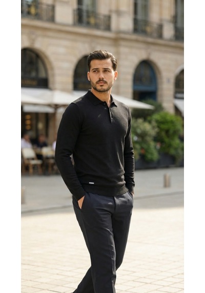 Suma Erkek Düğme Yakalı Triko - Siyah, 2xl Beden
