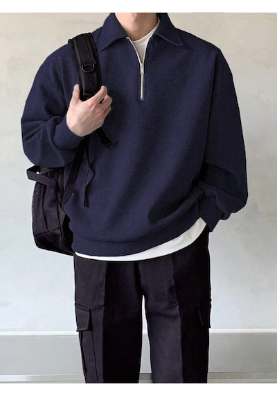 Genius Store Genıus Store Erkek Polo Yaka Oversize Sweatshirt Yarım Fermuar Sweatshirt Oversıze-sweatshırt Lacivert