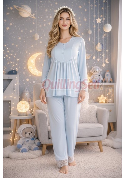 Lady Dantel Detaylı 33204 Uzun Kol 2 Parça Lohusa Hamile Pijama TakımıBebe Mavi Renkli