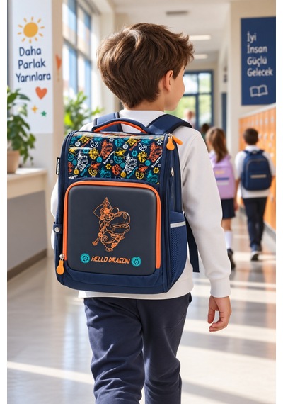 İlkokul Okul Çantası Hello Dragon 7 Mavi Antigravity Sistem 38x30x16 Cm Çok Renkli