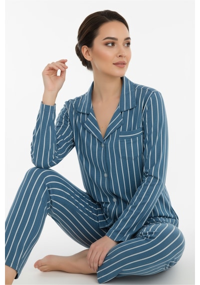 Luxury Viscose Petrol Mavi Çizgili Kadın Uzun Kollu Pijama Takımı 42552 Mavi
