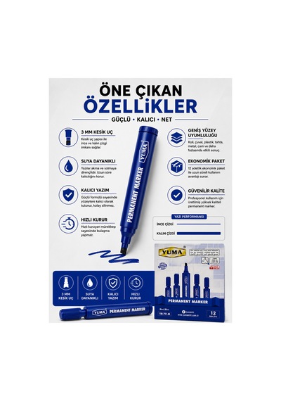 Mavi Permanent Marker Koli Kalemi 12 Li Paket 3 Mm Kesik Uç Lacivert