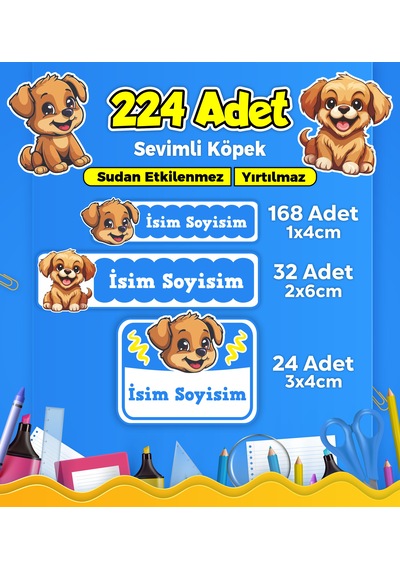Sevimli Köpek Temalı Okul Kreş Kişiye Özel İsim Etiket Seti - Model 406 Çok Renkli