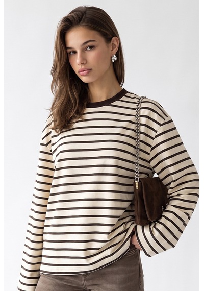 Mixray 2236 Çizgili Bisiklet Yaka Uzun Kol Oversize Sweatshirt Kahve