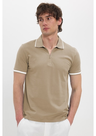 Tudors Erkek Slim Fit Dar Kesim %100 Pamuk Jakarlı Düz Yaka Ve Kol Detaylı Bej Polo Yaka Tişört-50218