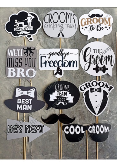 Damat Groom Konuşma Balonu Seti 12 Parça, Düğün Ve Nişan Beyaz - Siyah