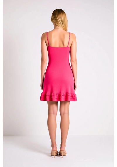 Benerly Kadın Kolsuz Bodycon Örme Midi Plaj Elbisesi Fırfır Detaylı Balık Fuşya