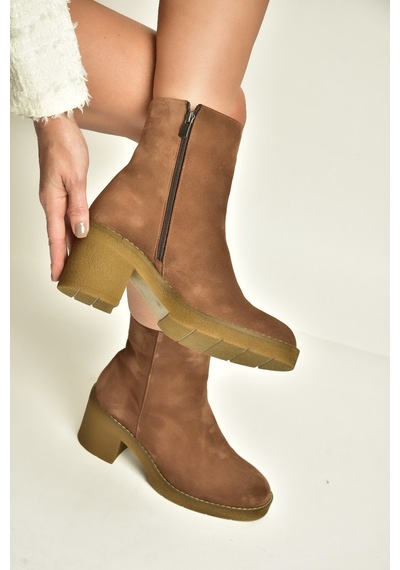 Fox Shoes Z667051161 Taba Hakiki Deri Süet Kalın Topuklu Kadın Bot