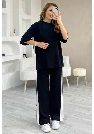 Fiolin Soft Touch Modal Kumaş Şeritli Detaylı Yırtmaçlı Takım siyah