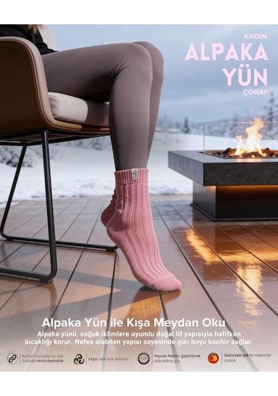 Kadın Alpaka Yün Çorap 3 Lü Paket Pembe