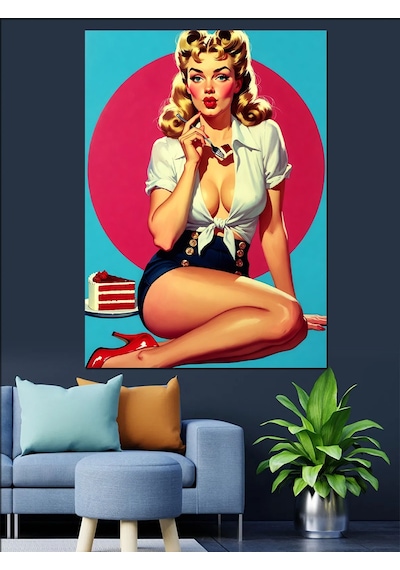 Pin-up Kız Retro Tarz Dekoratif Kanvas - Mdf Ahşap Tablo