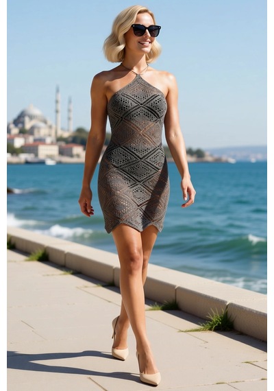 Benerly Kadın Kolsuz Halter Yaka Ajurlu Örme Mini Plaj Elbisesi Bodycon K Haki