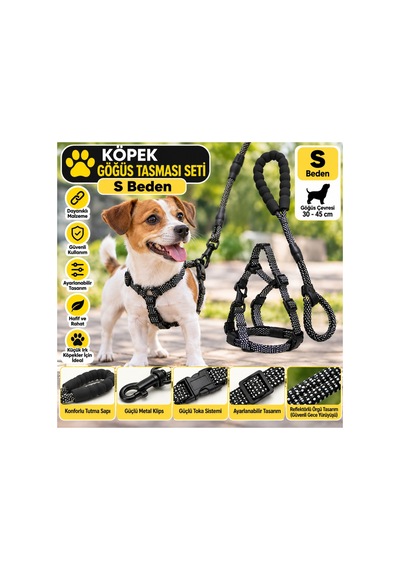 Senye Köpek Göğüs Tasması Seti Fitil S Beden - Siyah Reflektörlü Göğüs 30-45 Cm Çok Renkli