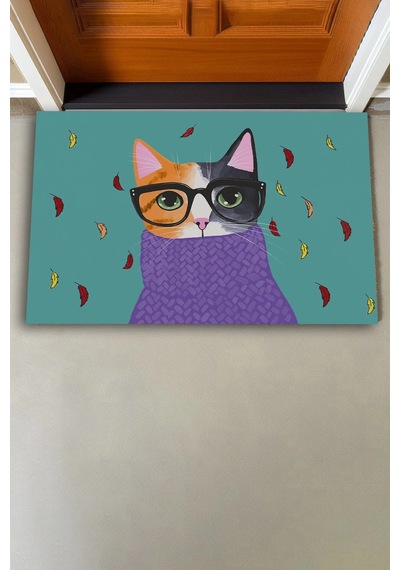 Valerine Life Aristokrat Kedi Yeşil Renkli Welcome Hoş Geldiniz Kapı Önü Paspası 45x70cm Kahverengi