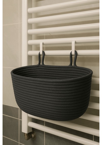 Mavaux Dekoratif Askılı Banyo Sepeti 18 40 16 Cm Saklama Ve Düzenleyici Hasır Jüt Sepet Organizer El İşi Antrasit