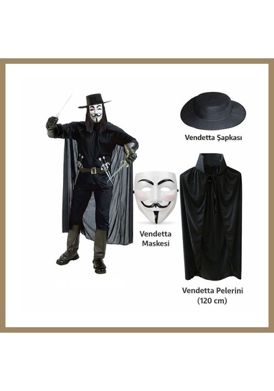 Bezos Vendetta Kostüm Seti Şapka Maske Pelerin 120 Cm 22 Diğer