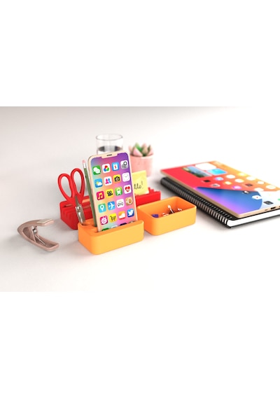Idy Arc - Desk Organizer Mıknatıslı Çok Bölmeli Masaüstü Düzenleyici Ve Telefon Standı Turuncu - Kırmızı