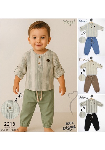 Babyhola Bayramlık Erkek Bebek İkili Takım Katlanabilir Kollu Müslin Üst Ve Pantolon Set 2218 Mavi