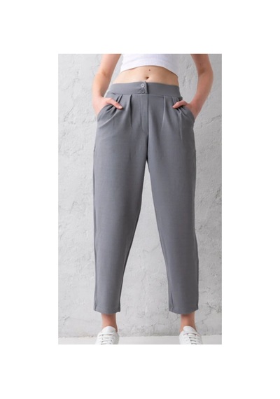 Thiff Gymwear Çift Düğmeli Havuç Model Bilek Boy Kadın Kumaş Pantolon Gri