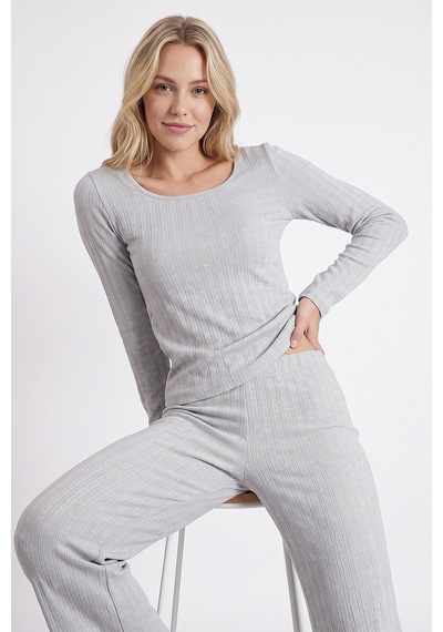 Nbb Gri Melanj Poıntel Kare Yaka Pijama Takım GRİ MELANJ