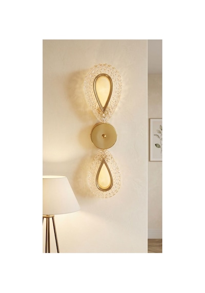 LumiaLighting Damla Model İkili Gold 3 Renk Modu Kristal Taşlı Salon Mutfak Yatak Çocuk Odası Aplik