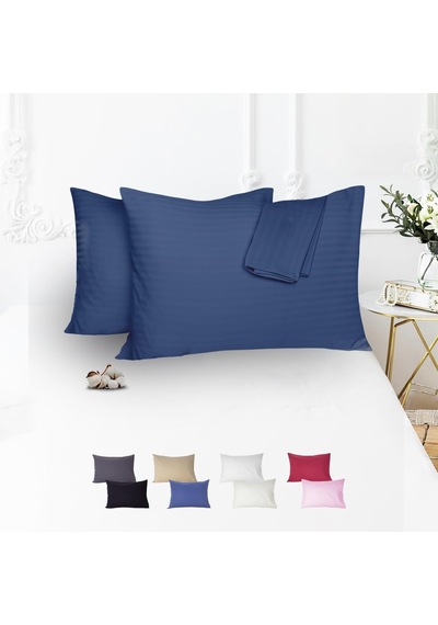 %100 Pamuk Çizgili Saten Yastık Kılıfı 50 X 70 Cm 2'li Paket Gecemavisi Genel