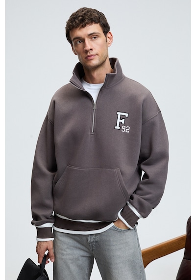 Grimelange PLATA Erkek Yarım Fermuarlı Kanguru Cepli Etek Ve Kolda Triko Detay Relaxed Fit Füme Sweatshirt