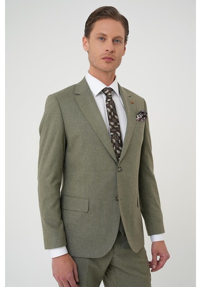 Efor Slim Fit Çift Yırtmaç Keten Karışımlı Yelekli Klasik Haki Takım Elbise Tk 914 Haki
