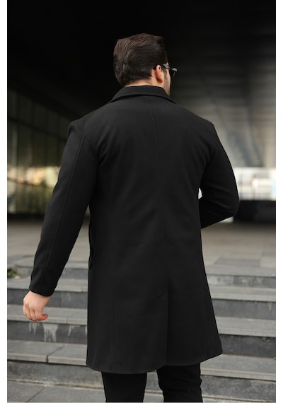 Slim Fit Astarlı Uzun Kaşe Kaban Siyah