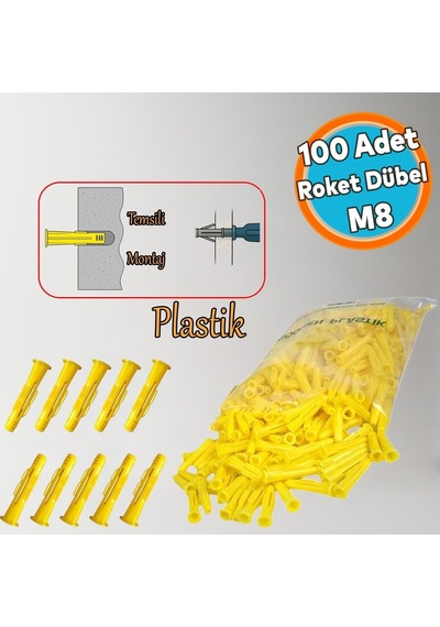 Plastik Roket Dübel M8 Mantar Kanatlı Dübeller Vida Sabitleme Bağlantı Elemanı 100 Adet