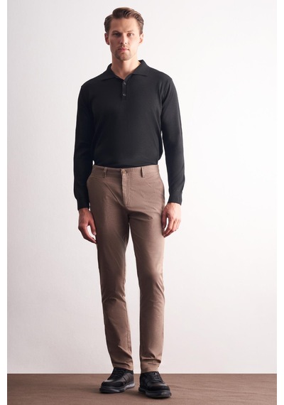 İmza Kahverengi Yan Cep Düz Paça Pamuklu Slim Fit Chino Casual Pantolon 1003255164 Kahverengi