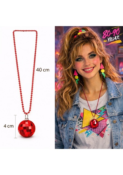 Retro Disko Topu Şekilli 80&amp Apos Ler 90&amp Apos Lar Kırmızı Renk Plastik Kolye 4801