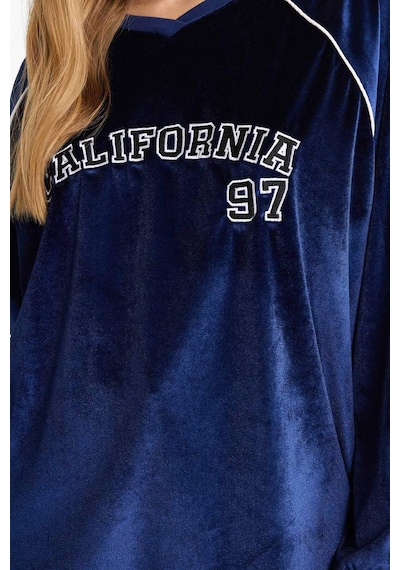 Defacto Oversize Geniş Kalıp V Yaka Baskılı Kadife Sweatshirt G3728ax25wnnv58 Lacivert-nv58