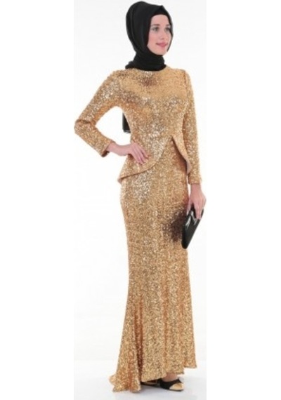 Nidya Moda Peplumlu Dore Payet Elbise-4047D Altın
