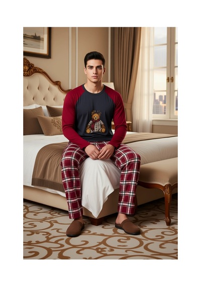 Ersefa Kadın Ayıcık Baskılı Ekose Pijama Takımı Fonksiyonel Dayanıklı Ka bordo