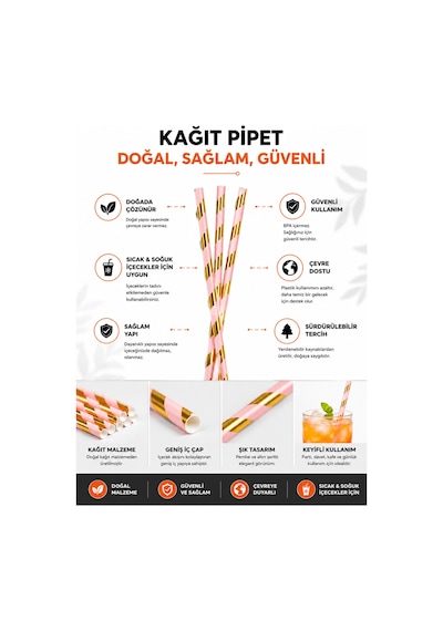 Pembe Altın Çizgili Kağıt Pipet 25 Adet Doğada Çözünebilir Tek Kullanımlık İçecek Pipeti Tüm Yaşlar