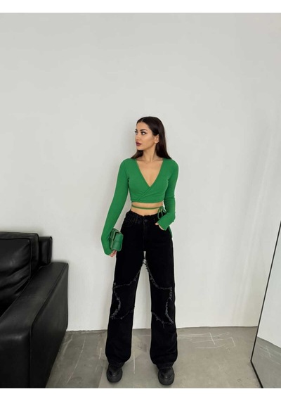 Shevega Kadın Siyah Bacak Yildizli Bol Paça Kot Jeans Pantolon Siyah