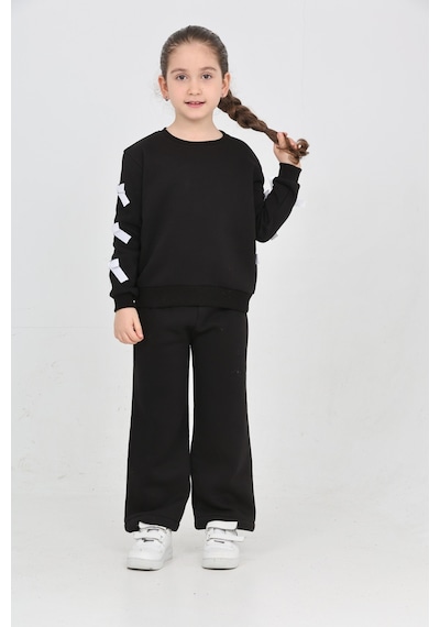 Erdem Kıds Kız Çocuk 3 İplik Şardonlu Kurdele Detaylı Basic Sweatshirt-bol Kesim Palazzo Eşofman Takım Siyah Siyah