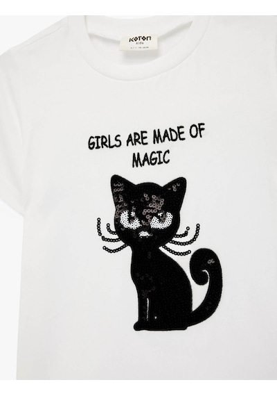 Koton Kedi Baskılı Pullu Payetli Ekru Kız Çocuk T-shirt 6skg10113ak Ekru
