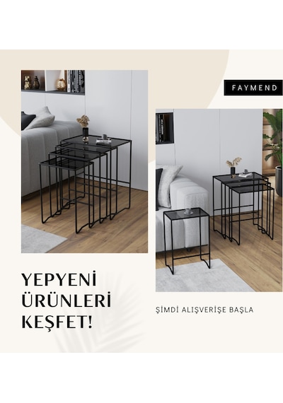 Faymend Mimoza 4 Lü Zigon Sehpa, Metal Sehpa, Cam Sehpa ' Siyah - Füme' Siyah
