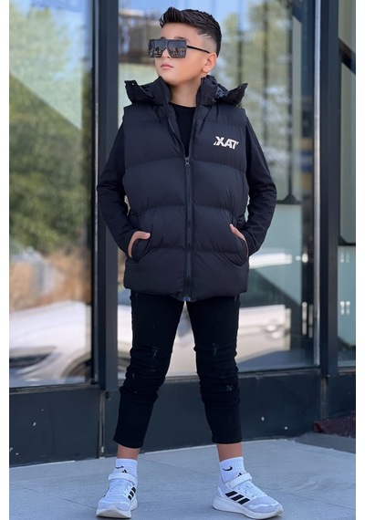 Pina Kids Erkek Çocuk Baskılı Çıkarılabilir Kapüşonlu Şişme Yelek 3017 Siyah