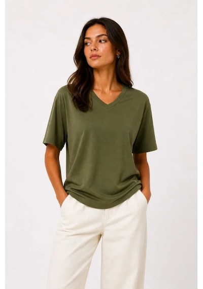 Hazego V Yaka Basic Tişört Kısa Kol Yazlık Regular Fit T-shirt - Haki